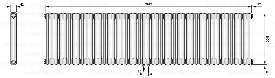 Схема (чертеж) Радиатор Zehnder Charleston 2100/47 №5410 Белый глянцевый RAL 9016